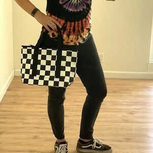 Cute Teen Vogue Checkerboard Zipper Tote Bag Black & white Checkered Retro Y2K
